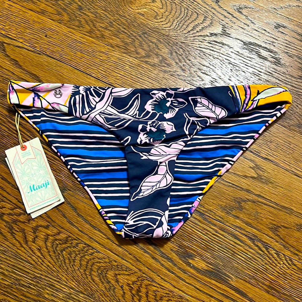 Maaji Floral & Stripe Bikini Bottom in Navy, Blue, Pink, Yellow